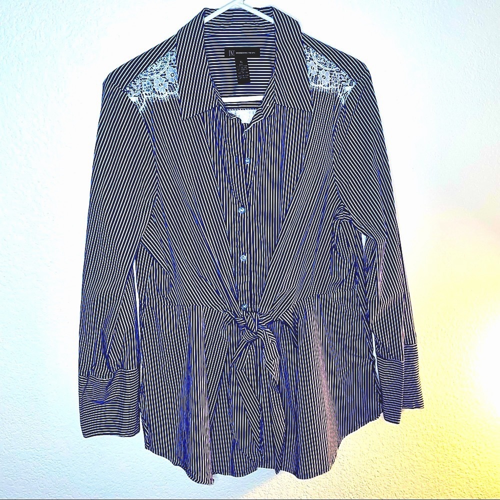 INK button down blouse with lace embellishments and flattering tie front
